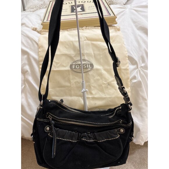 Fossil Black Canvas & Faux Leather Shoulder Bag With Adjustable Strap - Picture 2 of 16